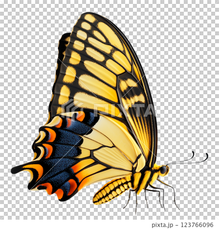 Realistic butterfly isolated on a transparent background. Detailed yellow and black swallowtail butterfly with intricate wing patterns, symbolizing nature and biodiversity. 123766096