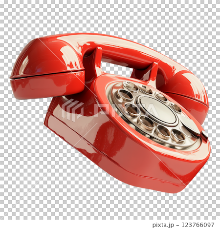 Classic red rotary telephone isolated on a transparent background. Vintage retro landline phone with a coiled cord and rotary dial, symbolizing old-fashioned communication and nostalgia. 123766097