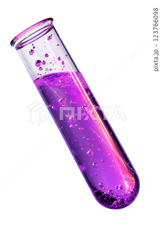 Transparent glass test tube tilted diagonally, filled with bubbling purple liquid, isolated on a transparent background. Laboratory chemistry glassware used in scientific experiments 123766098