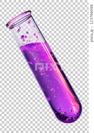 Transparent glass test tube tilted diagonally, filled with bubbling purple liquid, isolated on a transparent background. Laboratory chemistry glassware used in scientific experiments 123766098