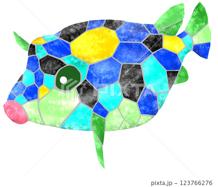 海水魚ハコフグの素敵なモザイク画風切り絵イラスト 123766276