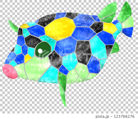 一幅可愛的馬賽克風格剪紙插圖，描繪了一種名為箱魨的鹹水魚 123766276