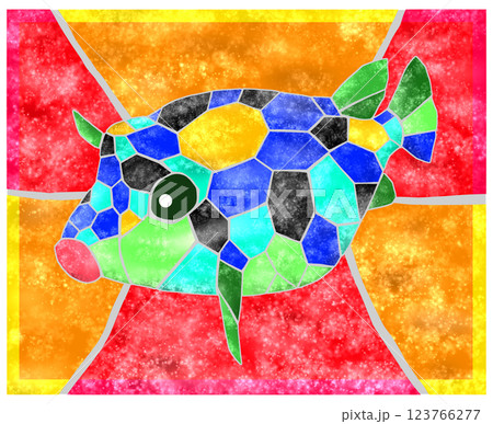 海水魚ハコフグのカラフルタイル画切り絵イラスト背景有り 123766277
