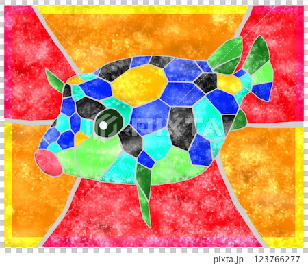 海水魚ハコフグのカラフルタイル画切り絵イラスト背景有り 123766277