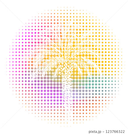 Abstract palm tree in a circle at sunset. Circle icon with tropical landscape. Paradise island. hand drawn. Not AI, Vector illustration 123766322