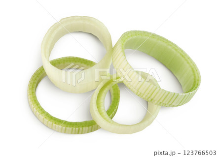 sliced Leek vegetable isolated on white background. Top view. Flat lay sliced Leek vegetable isolated on white background. Top view. Flat lay 123766503