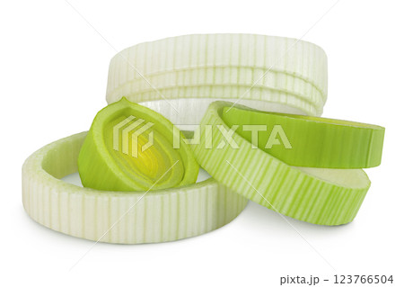 sliced Leek vegetable isolated on white background with full depth of field 123766504