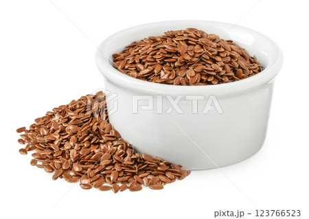 flaxseed in ceramic bowl isolated on white background. Top view. Flat lay flaxseed in ceramic bowl isolated on white background. Top view. Flat lay 123766523