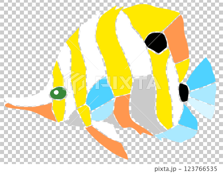 一幅可愛的彩色玻璃風格熱帶魚剪紙插圖,銅帶蝴蝶魚,沒有關節 一幅可愛的彩色玻璃風格熱帶魚剪紙插圖,銅帶蝴蝶魚,沒有關節 123766535