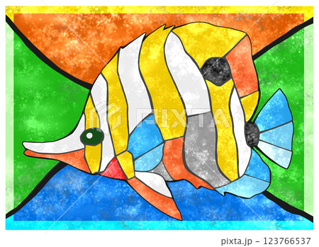 熱帯魚ハシナガチョウチョウウオのカラフルタイル画切り絵イラスト背景有り 熱帯魚ハシナガチョウチョウウオのカラフルタイル画切り絵イラスト背景有り 123766537