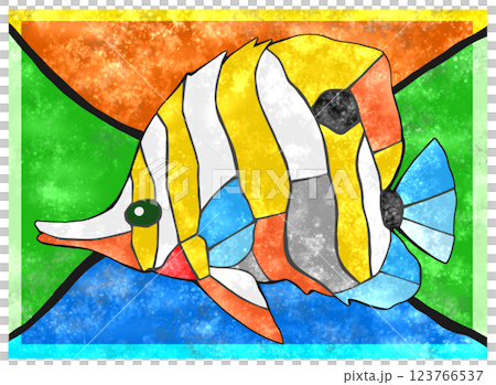 Colorful tiled cut-out illustration of tropical fish, Copperband Butterflyfish, with background 123766537