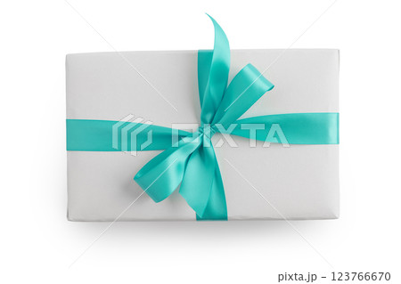 Top view of white paper present box with azure ribbon isolated on white background Top view of white paper present box with azure ribbon isolated on white background 123766670
