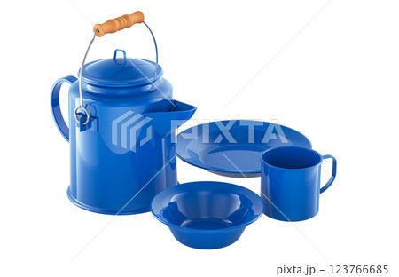 Enamelware Dining Set for Camping and Backpacking. 3D rendering 123766685