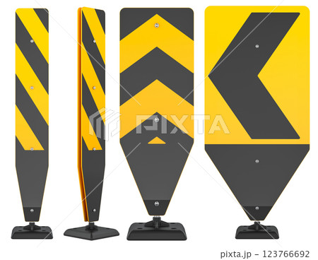 Metallic Tubular Reboundable Posts with Hazard Markers, 3D rendering Metallic Tubular Reboundable Posts with Hazard Markers, 3D rendering 123766692