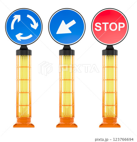 Plastic traffic pillars with road signs right side road, stop on signal, circle ahead. 3D rendering 123766694