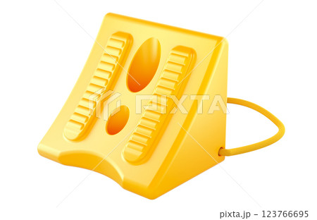 Plastic wheel chock with rope, yellow color. 3D rendering 123766695