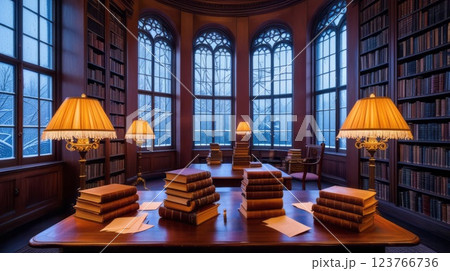 There are many different books placed on the table in the library There are many different books placed on the table in the library 123766736