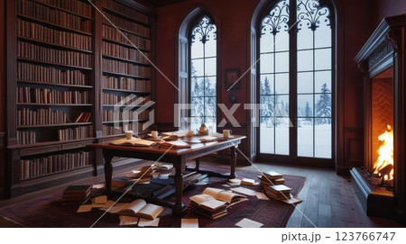 In the central area of the room, there is a cozy fireplace present 123766747