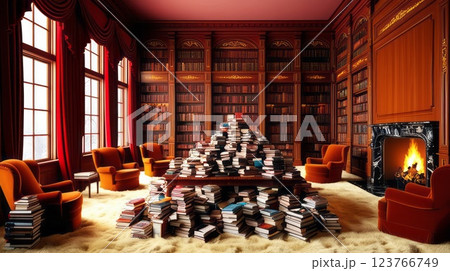 A library with books on the floor and a cozy fireplace 123766749