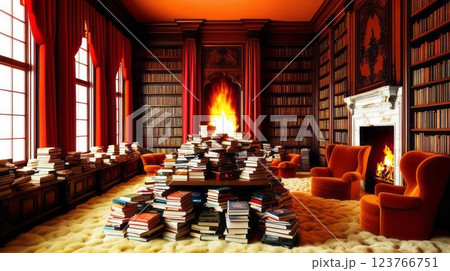 A cozy library with an extensive book collection and warm fireplace 123766751