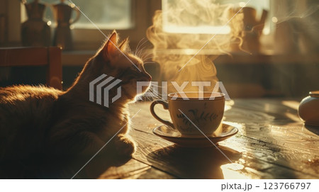 Cat Relaxing by a Steaming Cup of Tea in Morning Sunlight 123766797