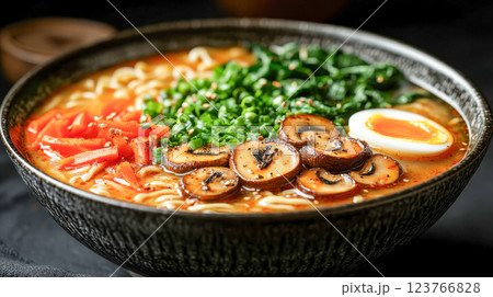 A bowl of hot ramen with fresh vegetables, mushrooms, and a soft-boiled egg, garnished with green onions and sesame seeds 123766828