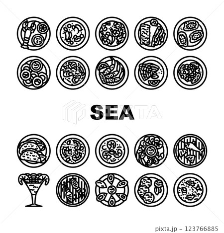 sea cuisine fish cook icons set vector 123766885