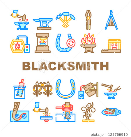 blacksmith forge anvil work icons set vector 123766910