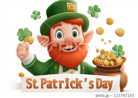 Cartoon leprechaun holding gold coin, St. Patricks day, greeting card 123767101