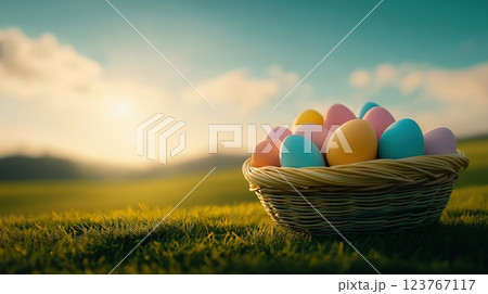 Wicker basket filled with pastel colors easter eggs in sunny meadow, with copy space 123767117