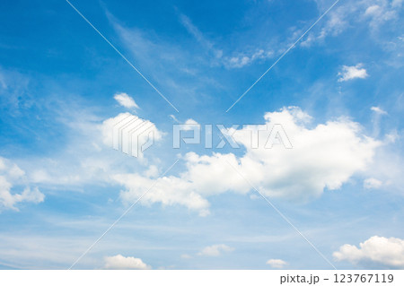 sky with fluffy clouds. holiday windy forecast. white cumulus cloudscape on a blue gradient of atmosphere. sunny summer weather. scenic nature background. meteorology backdrop. fresh air 123767119