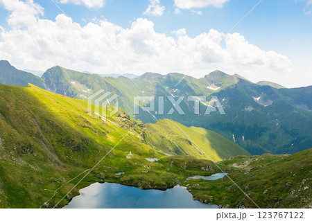 mountain landscape of romania in summer. carpathian range. beautiful outdoor scenery with alpine lake. scenic view in to the valley. travel background with blue sky and clouds. natural environment 123767122