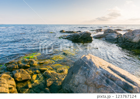 beautiful sunrise at the black sea. scenic seascape. rocky coast and clouds on the blue sky in morning light. summer vacations and weather change concept. travel background 123767124