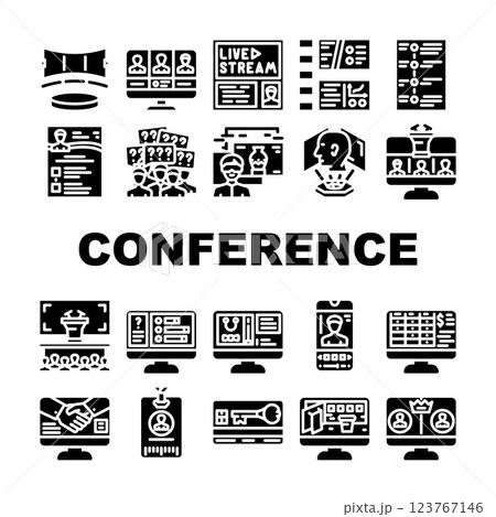 virtual conference event online icons set vector 123767146