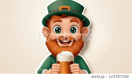 Funny leprechaun in green hat and outfit raises glass of beer 123767160