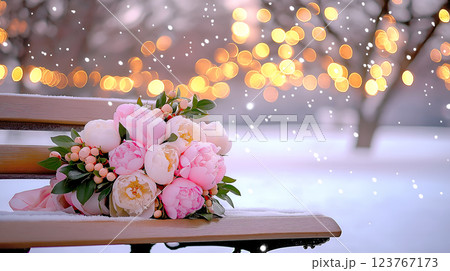 Peony bouquet on bench in winter park of festive lights background 123767173