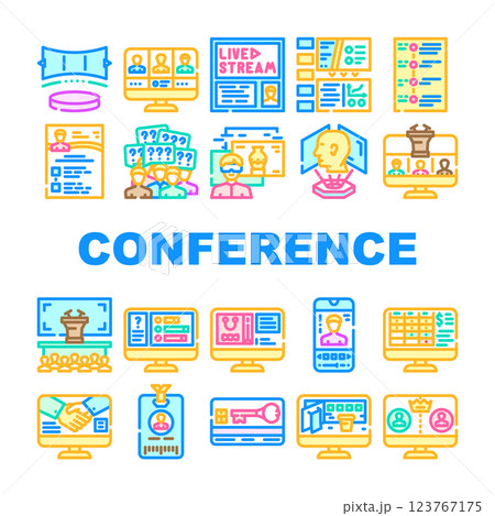 virtual conference event online icons set vector 123767175