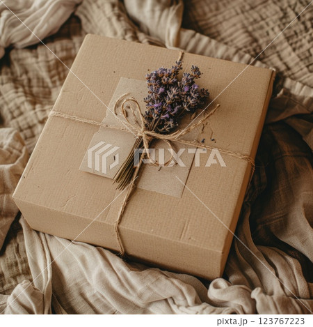 Rustic Gift Package Adorned With Dried Lavender On Fabric Backdrop Rustic Gift Package Adorned With Dried Lavender On Fabric Backdrop 123767223
