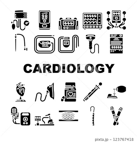 cardiology accessories ecg holter icons set vector 123767418