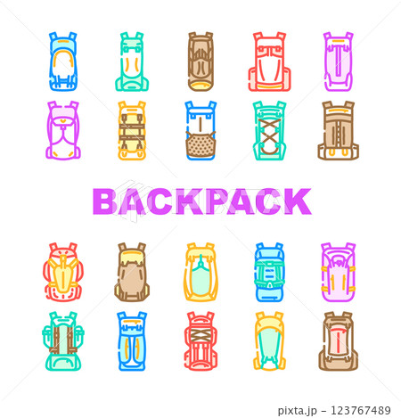 hiking backpack trail adventure icons set vector 123767489