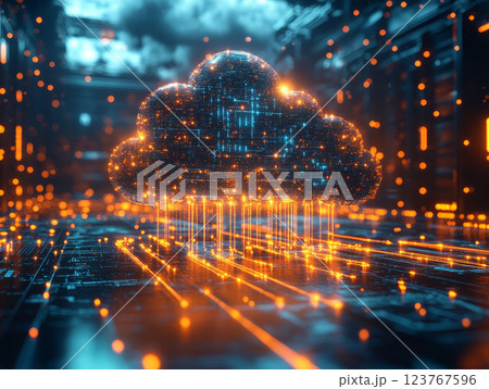 Futuristic cloud storage and big data, glowing digital effects, computers, and a large cloud symbol. Scene of essence of modern technology, data flow, and digital innovation of IT, cybersecurity 123767596
