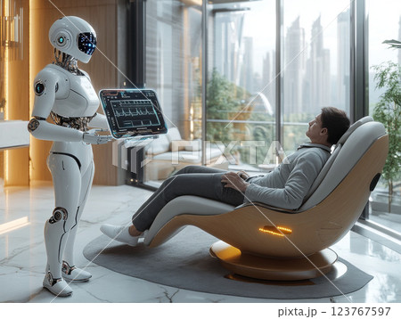 Futuristic robot doctor analyzing scan results, equipped with sensors and advanced technology. Scene of future healthcare, AI-driven diagnostics, and innovative medical solutions. 123767597