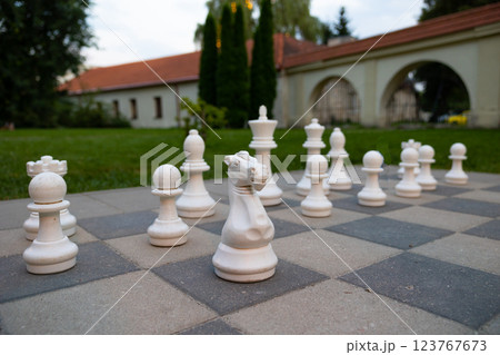 Outdoor chessboard with large white chess pieces in a park setting. Strategic thinking and leisure activity concept Outdoor chessboard with large white chess pieces in a park setting. Strategic thinking and leisure activity concept 123767673
