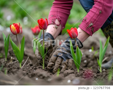 Gardener Planting Red Tulips in Soil With Gloves During Springtime Gardener Planting Red Tulips in Soil With Gloves During Springtime 123767708