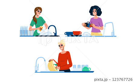 cleaning washing dishes mother vector 123767726