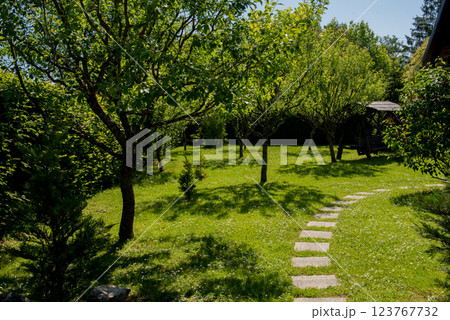 Small green garden with some blooming fruit trees. Small green garden with some blooming fruit trees. 123767732