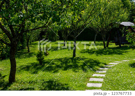 Small green garden with some blooming fruit trees. Small green garden with some blooming fruit trees. 123767733