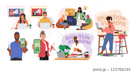 Diverse people characters using education at home responsibilities enjoying online studying 123768195