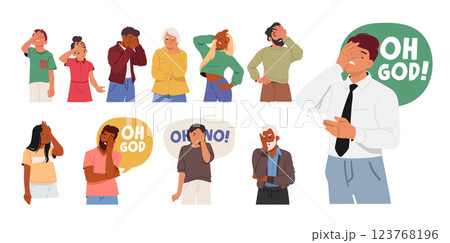 Diverse people cartoon characters facepalm gesture showcasing different emotions and reactions set 123768196