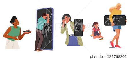 Bitterly crying people character feeling unhappy and stressed due to bad incident with smartphone 123768201